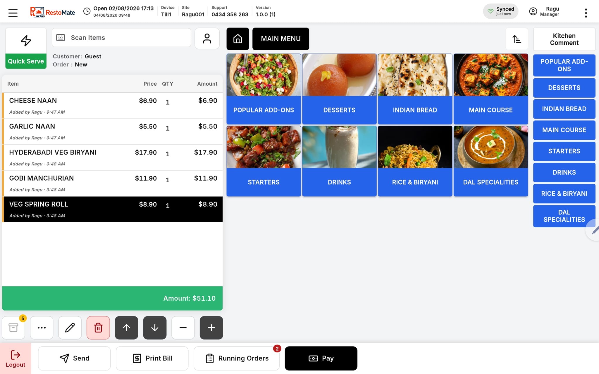 RestoMate POS order screen showing an open table order, photo menu categories and payment actions